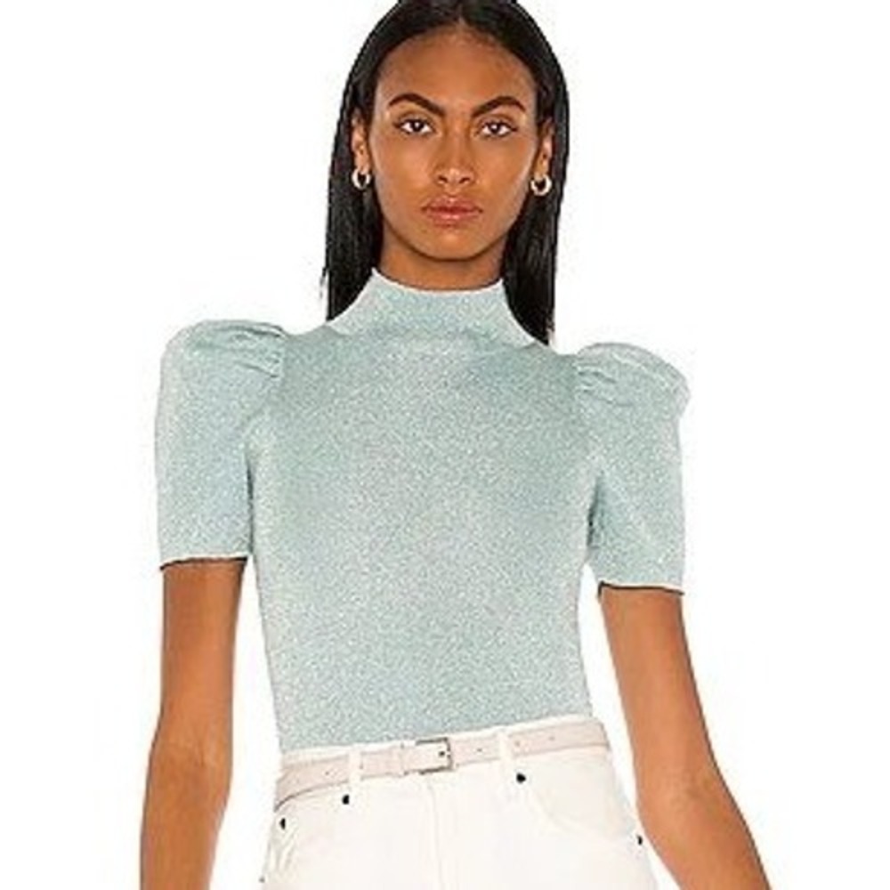 Alice + Olivia Issa Puff Sleeve Sweater Top in Waterfall Shimmer Light Blue XS